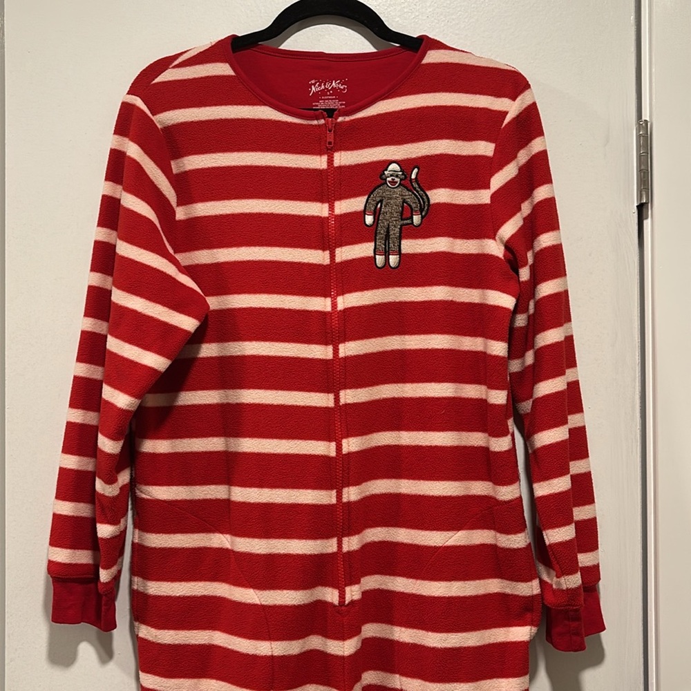 Nick & Nora Red and White Stripe Sock Monkey Footed Onesie Pajamas - Picture 2 of 9
